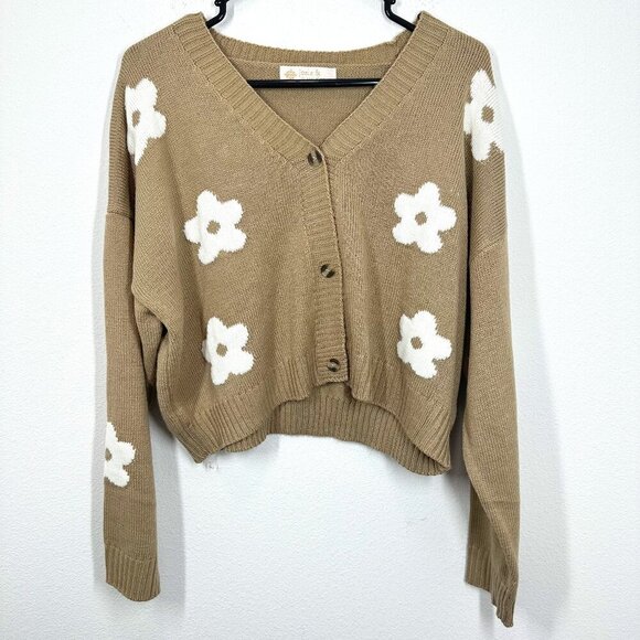 Leela & Lavendar Brown Cropped Daisy Cardigan V Neck Quirky Casual Cozy Fall - Picture 1 of 5